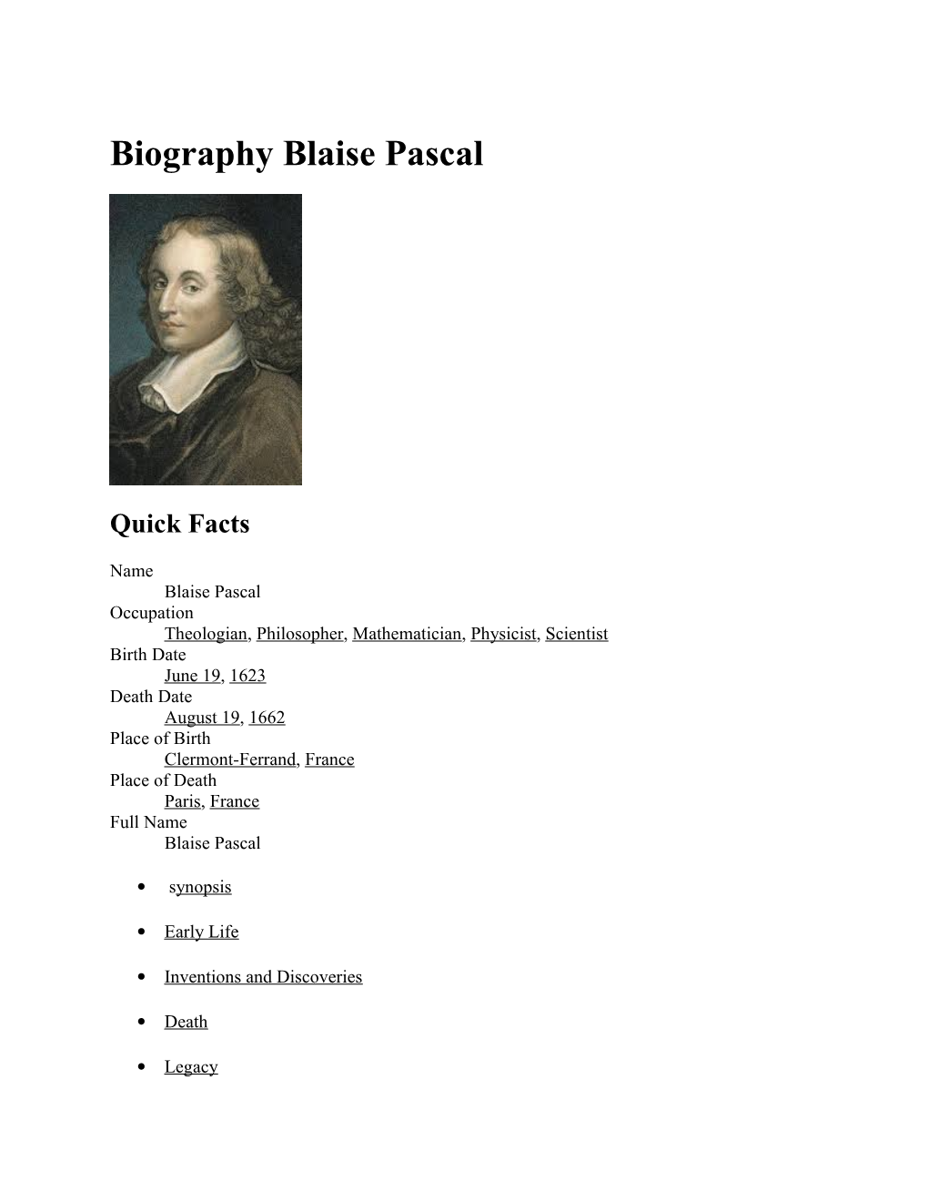Biography Blaise Pascal