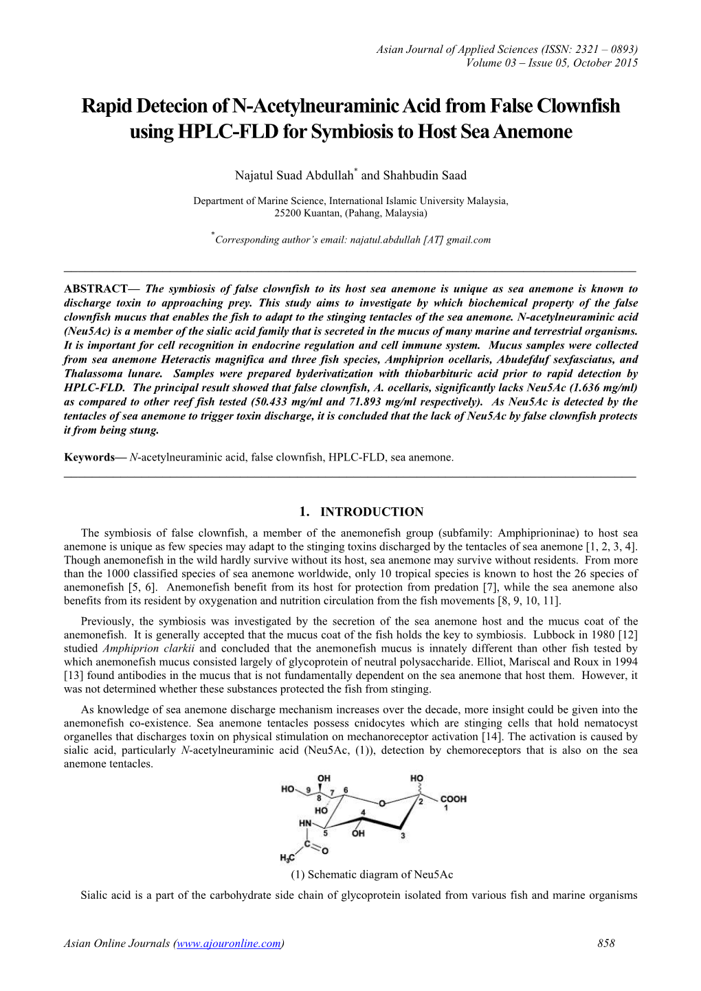 Rapid Detecion of N-Acetylneuraminic Acid from False Clownfish Using HPLC-FLD for Symbiosis to Host Sea Anemone
