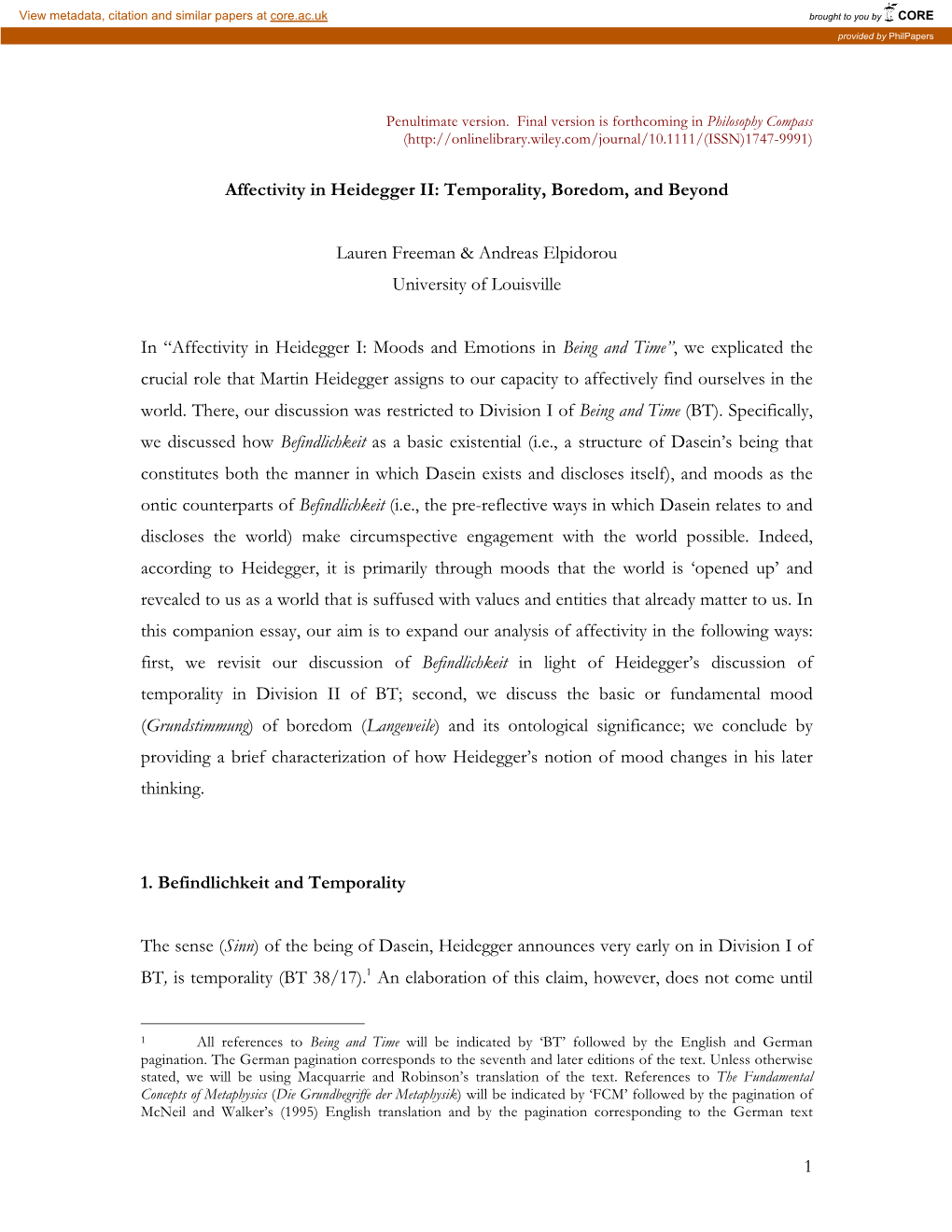 1 Affectivity in Heidegger II: Temporality, Boredom, and Beyond