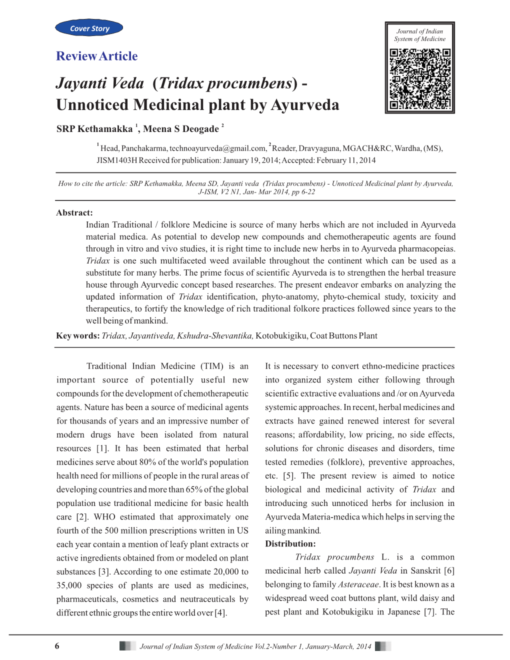(Tridax Procumbens) - Unnoticed Medicinal Plant by Ayurveda, J-ISM, V2 N1, Jan- Mar 2014, Pp 6-22
