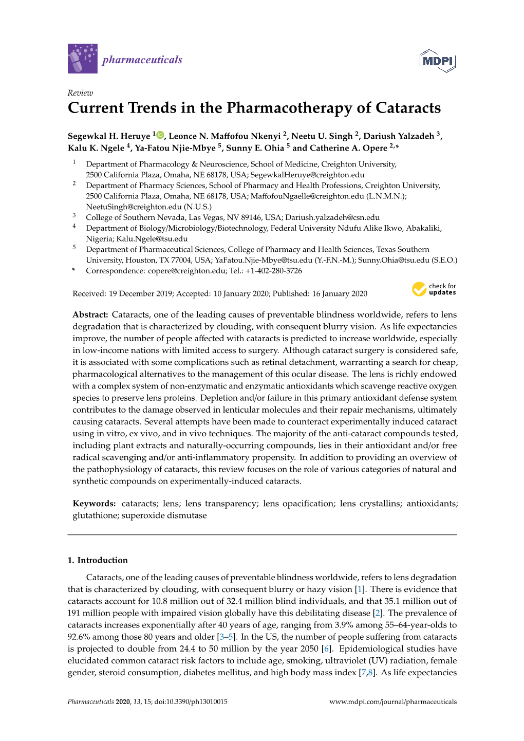 Current Trends in the Pharmacotherapy of Cataracts