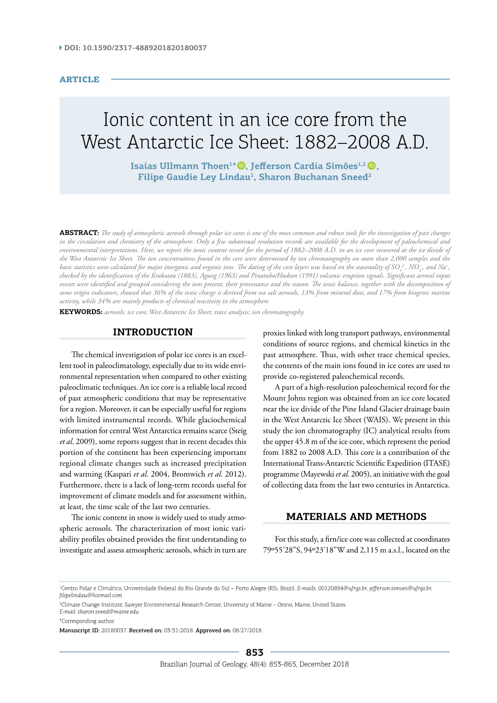 Ionic Content in an Ice Core from the West Antarctic Ice Sheet: 1882–2008 A.D