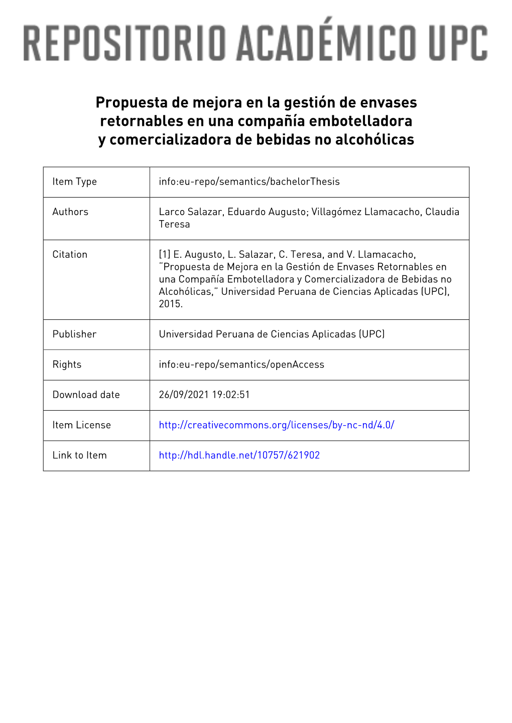 Propuesta De Mejora En La Gestión De Envases Retornables En Una Compañía Embotelladora Y Comercializadora De Bebidas No Alcohólicas