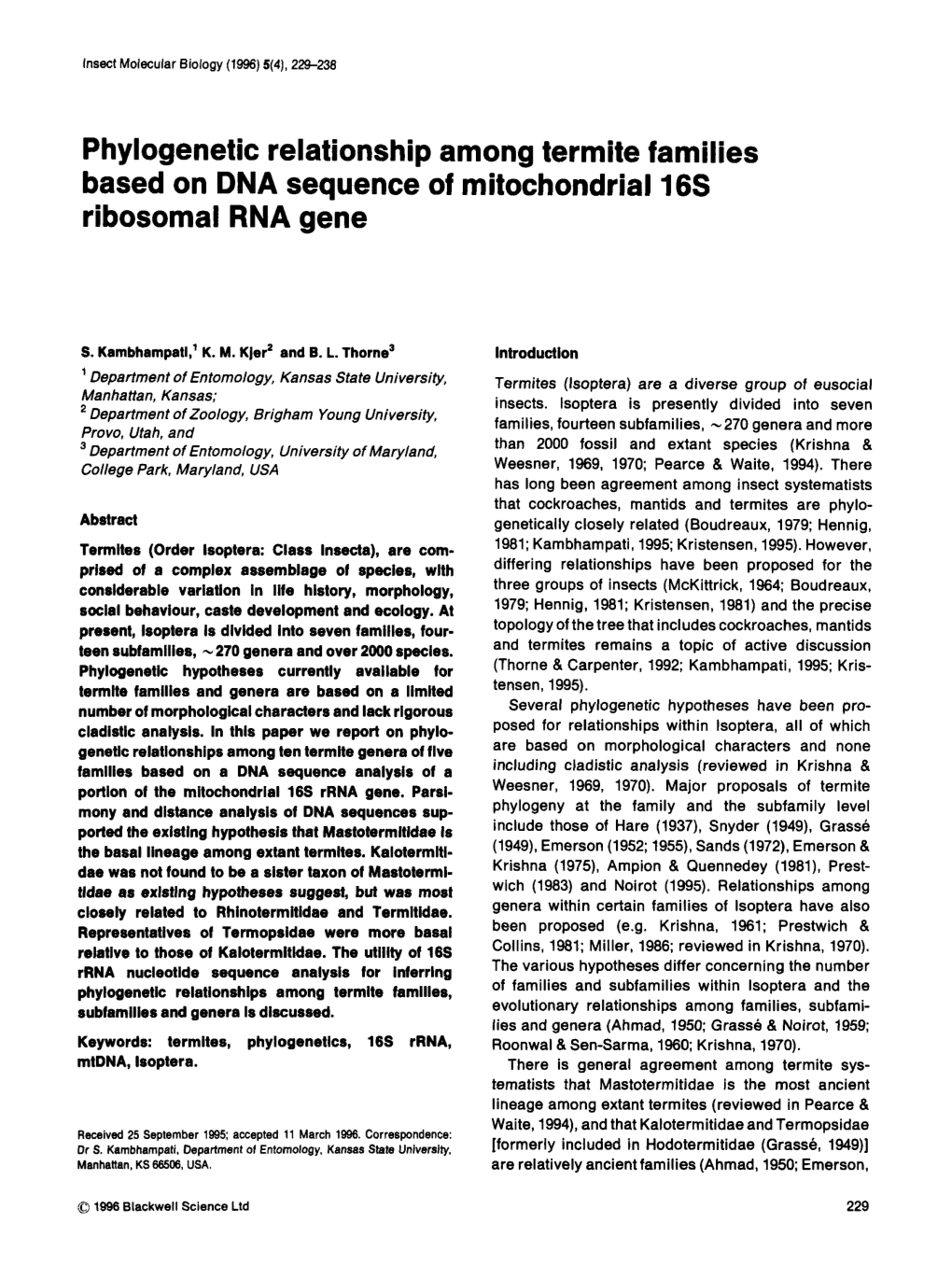 Phylogenetic Relationship Among Termite Families Based on DNA Sequence of Mitochondrial 16S Ribosomal RNA Gene