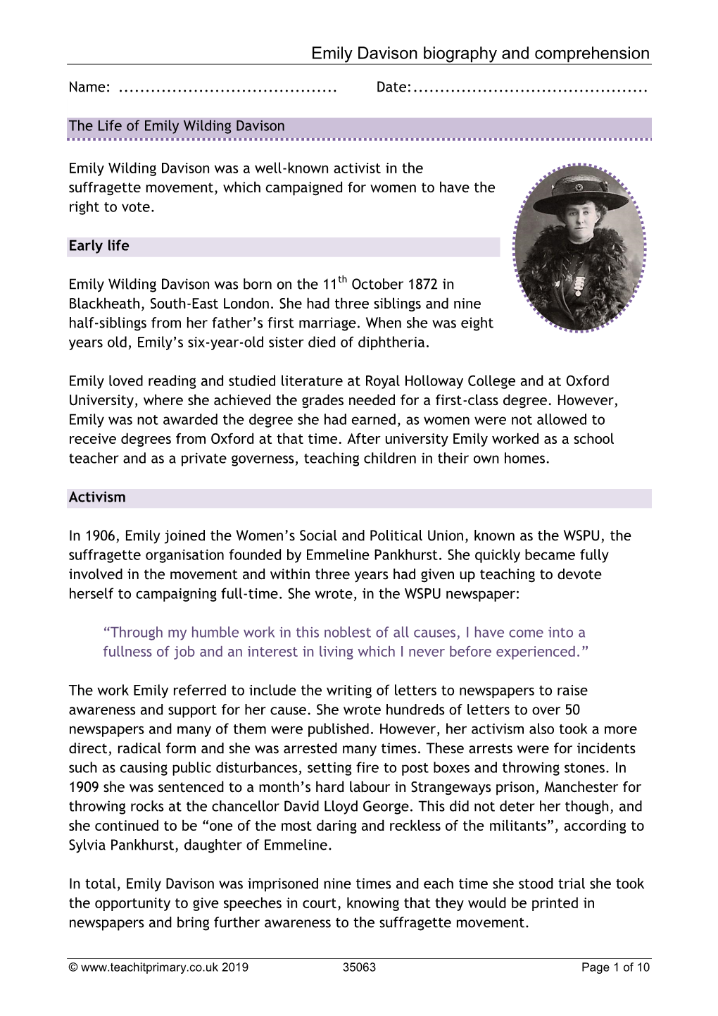 Emily Davison Biography and Comprehension