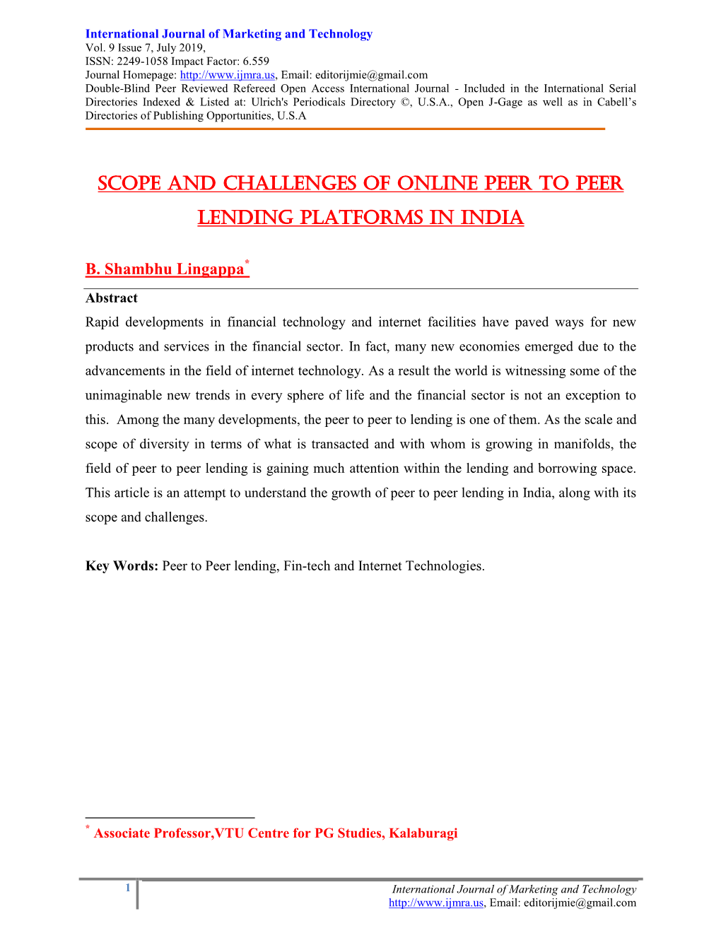 Scope and Challenges of Online Peer to Peer Lending Platforms in India