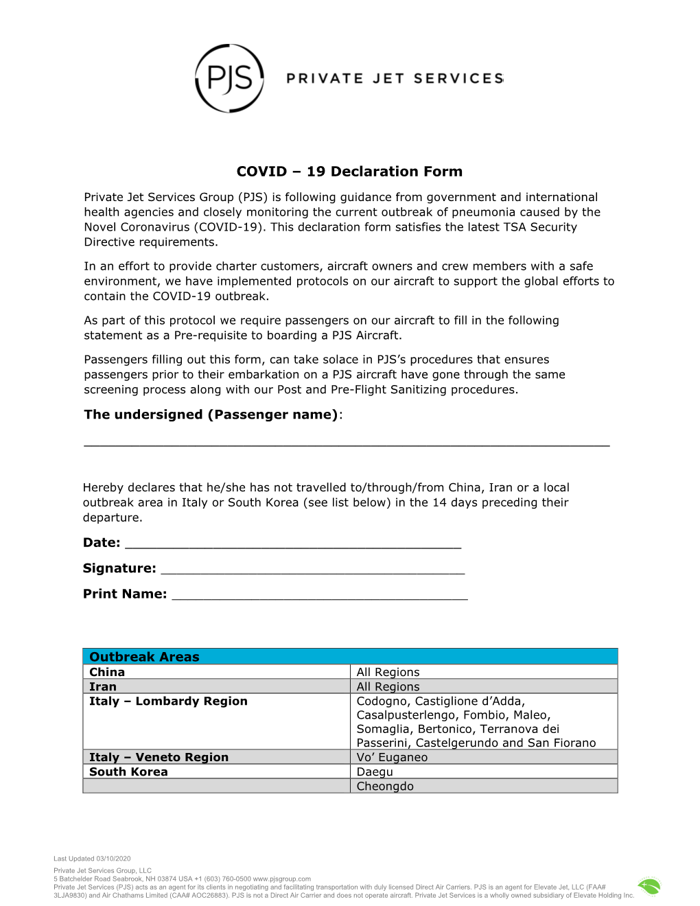 COVID – 19 Declaration Form