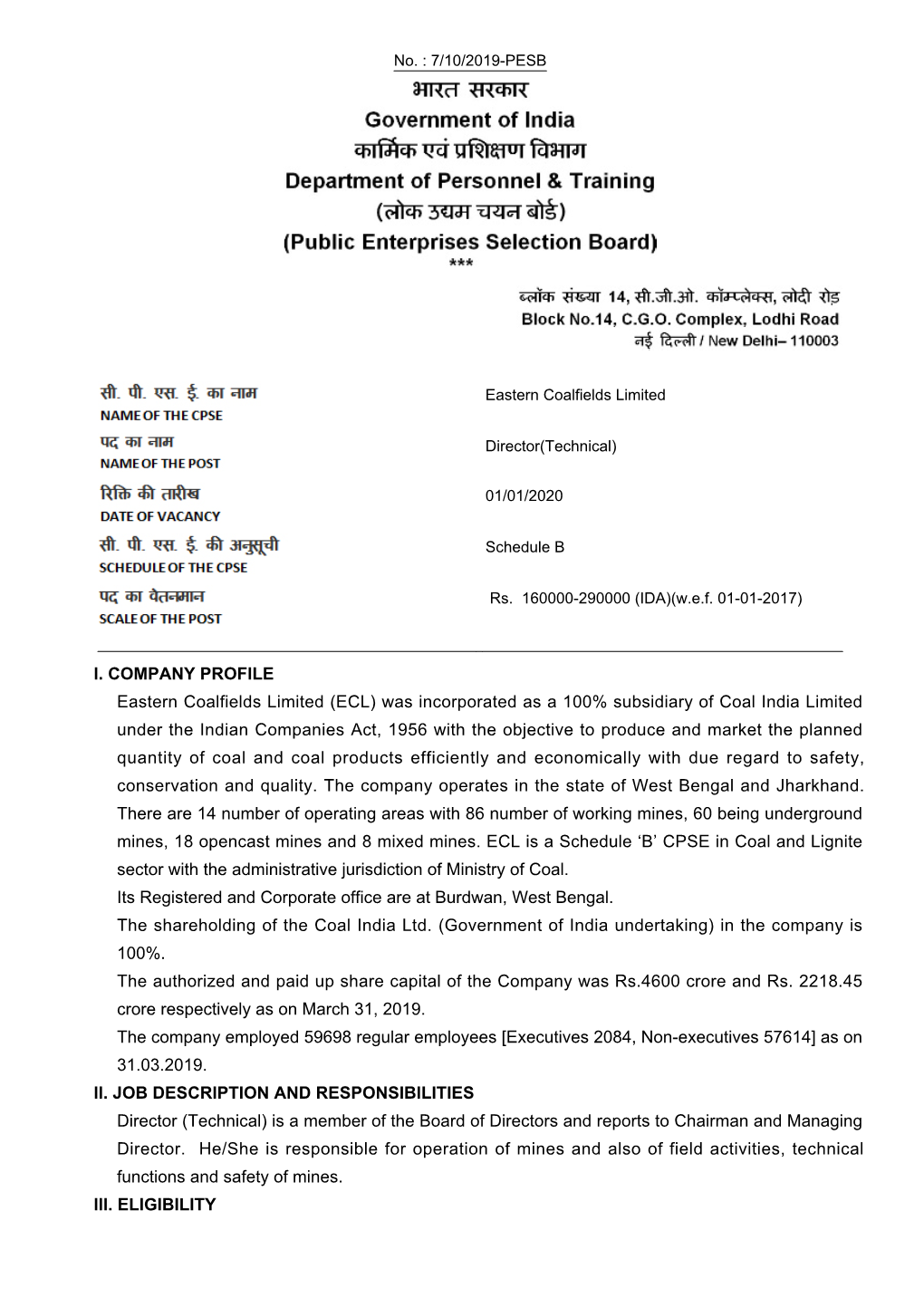 No. : 7/10/2019-PESB Eastern Coalfields Limited Director(Technical)