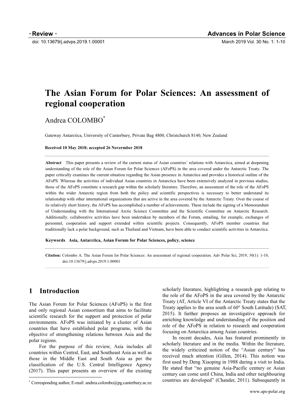 The Asian Forum for Polar Sciences: an Assessment of Regional Cooperation