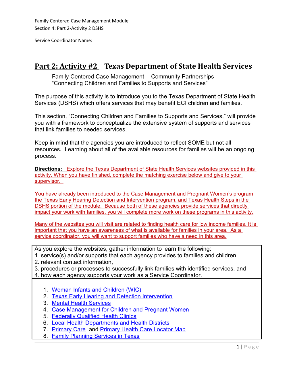 Part 2: Activity #2 Texas Department of State Health Services