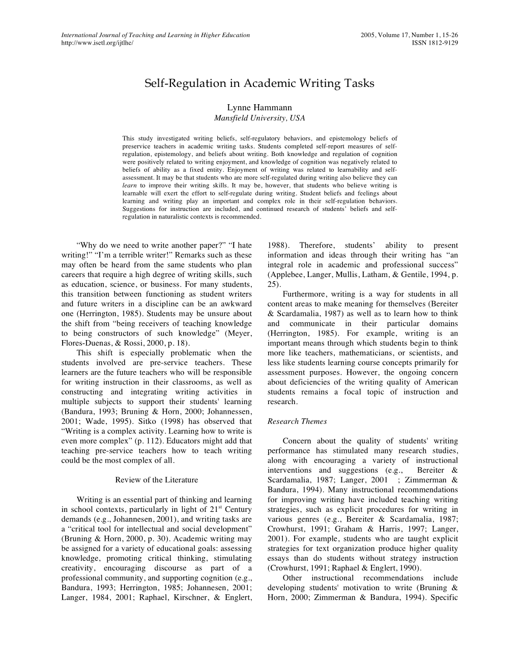 Self-Regulation in Academic Writing Tasks