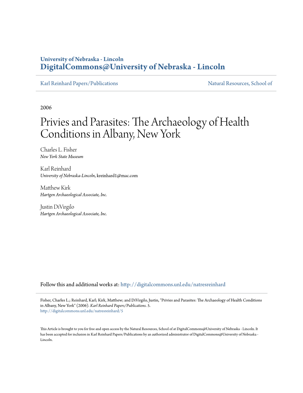 Privies and Parasites: the Archaeology of Health Conditions in Albany, New York Charles L