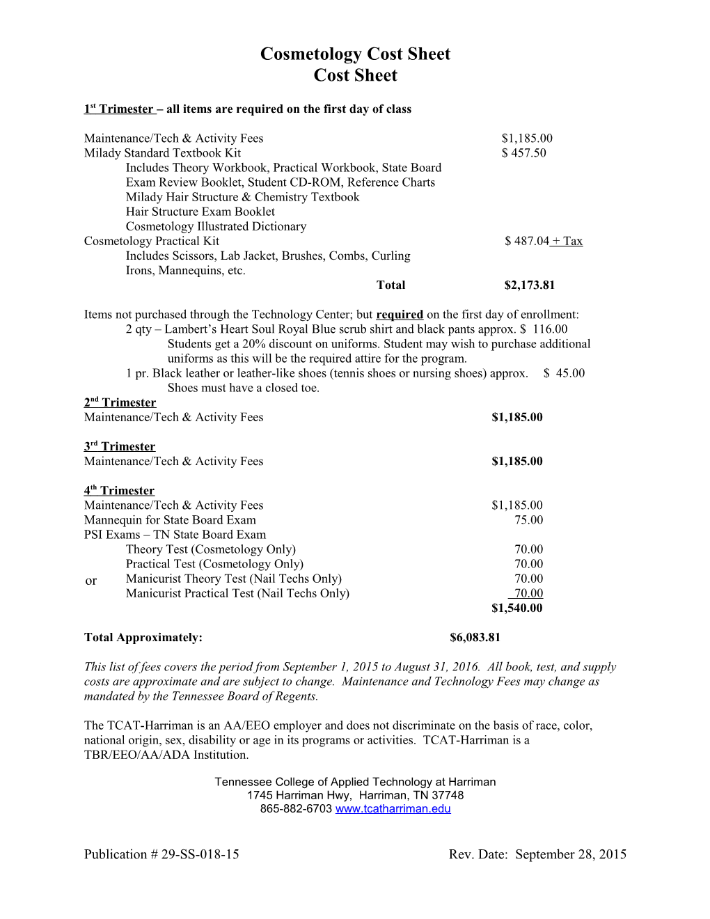 Cosmetology Cost Sheet