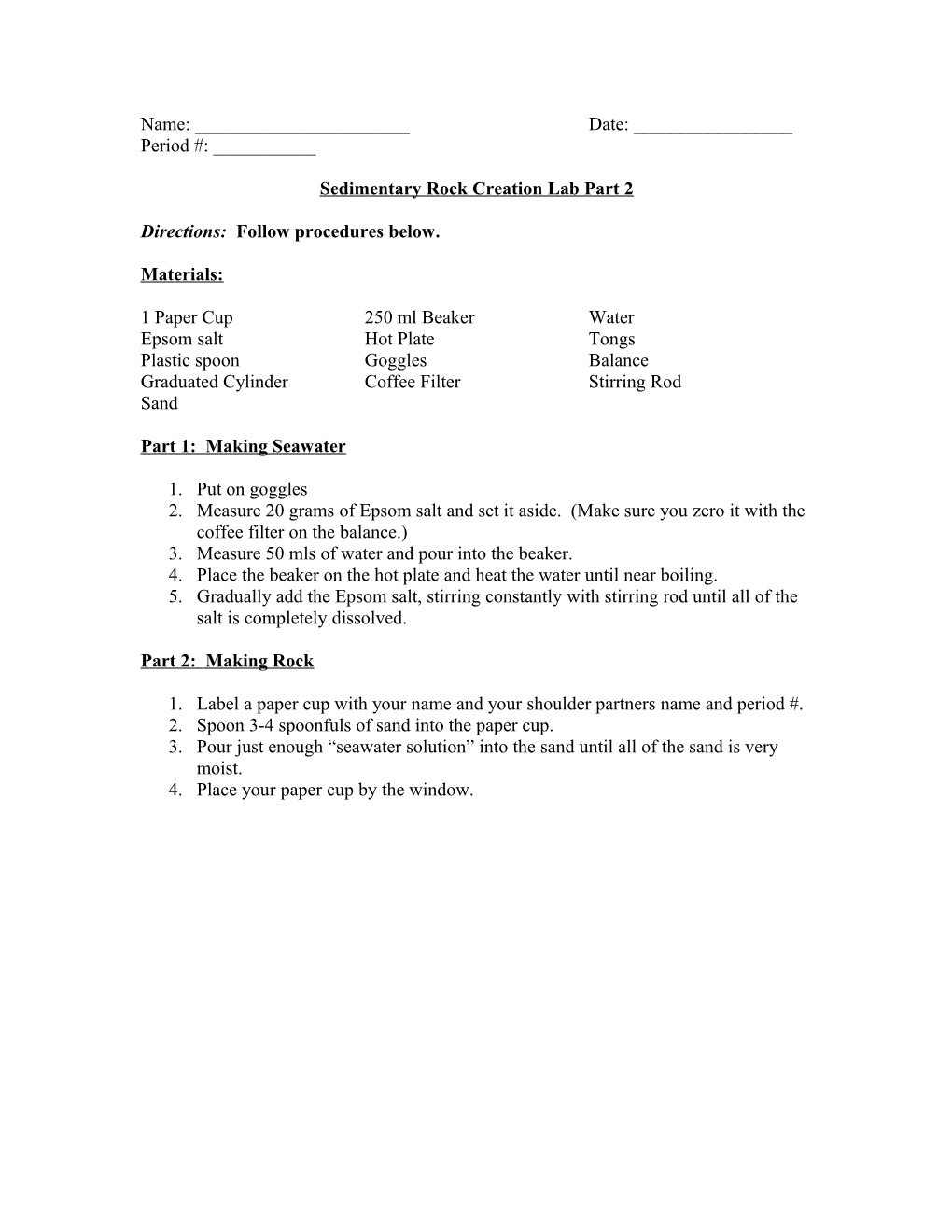 Sedimentary Rock Creation Lab Part 2