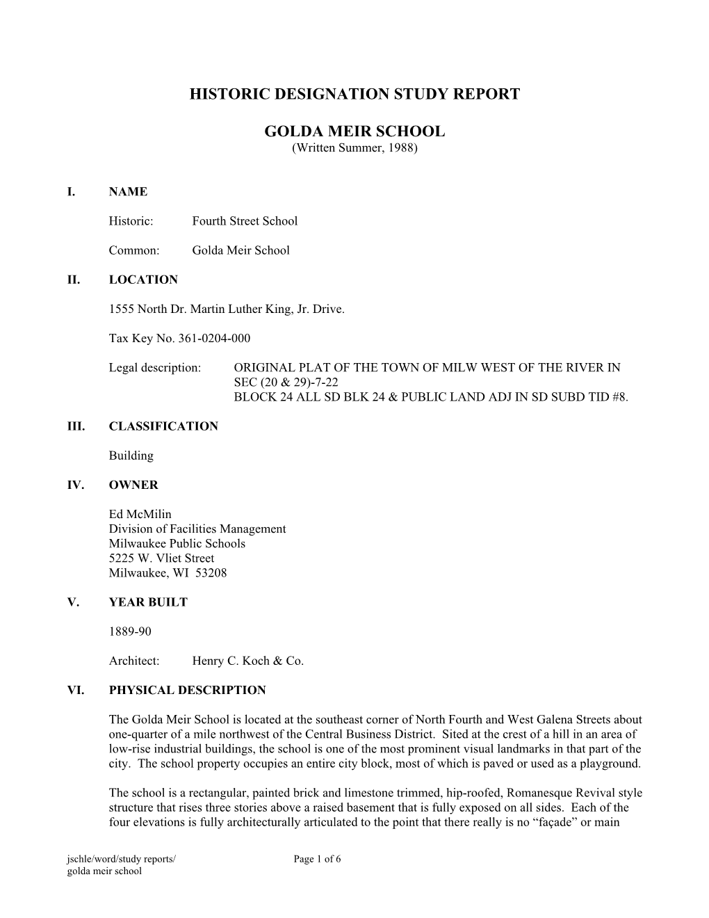 Historic Designation Study Report Golda Meir School