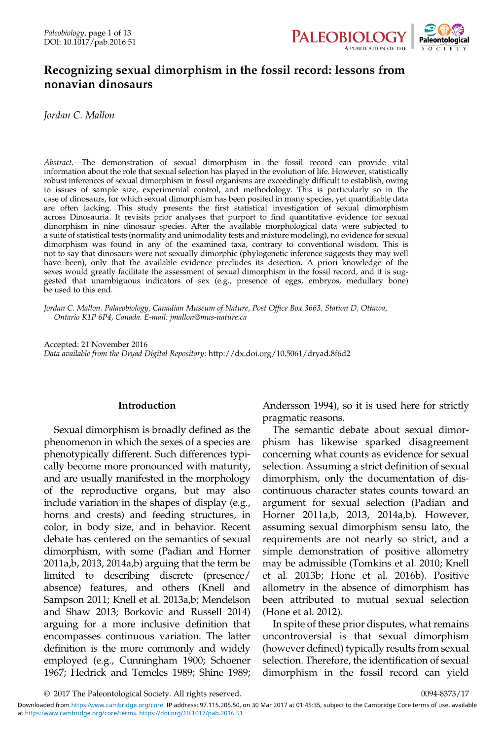 Recognizing Sexual Dimorphism in the Fossil Record: Lessons from Nonavian Dinosaurs