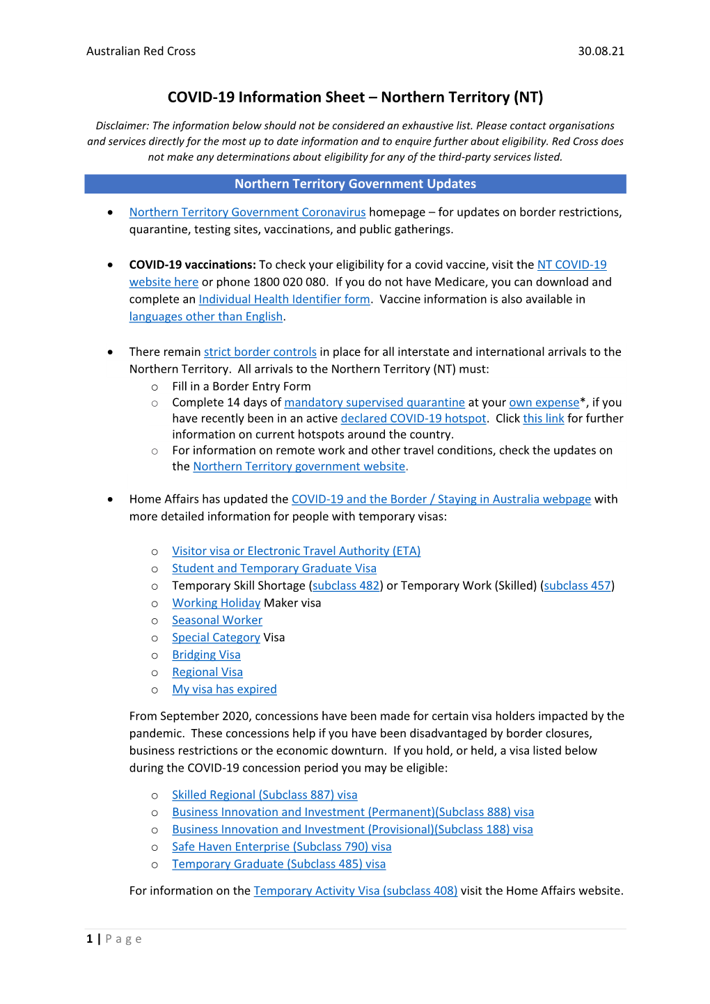 COVID-19 Information Sheet – Northern Territory (NT)