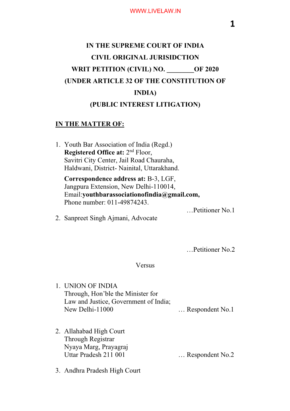 In the Supreme Court of India Civil Original Jurisidction Writ Petition (Civil) No