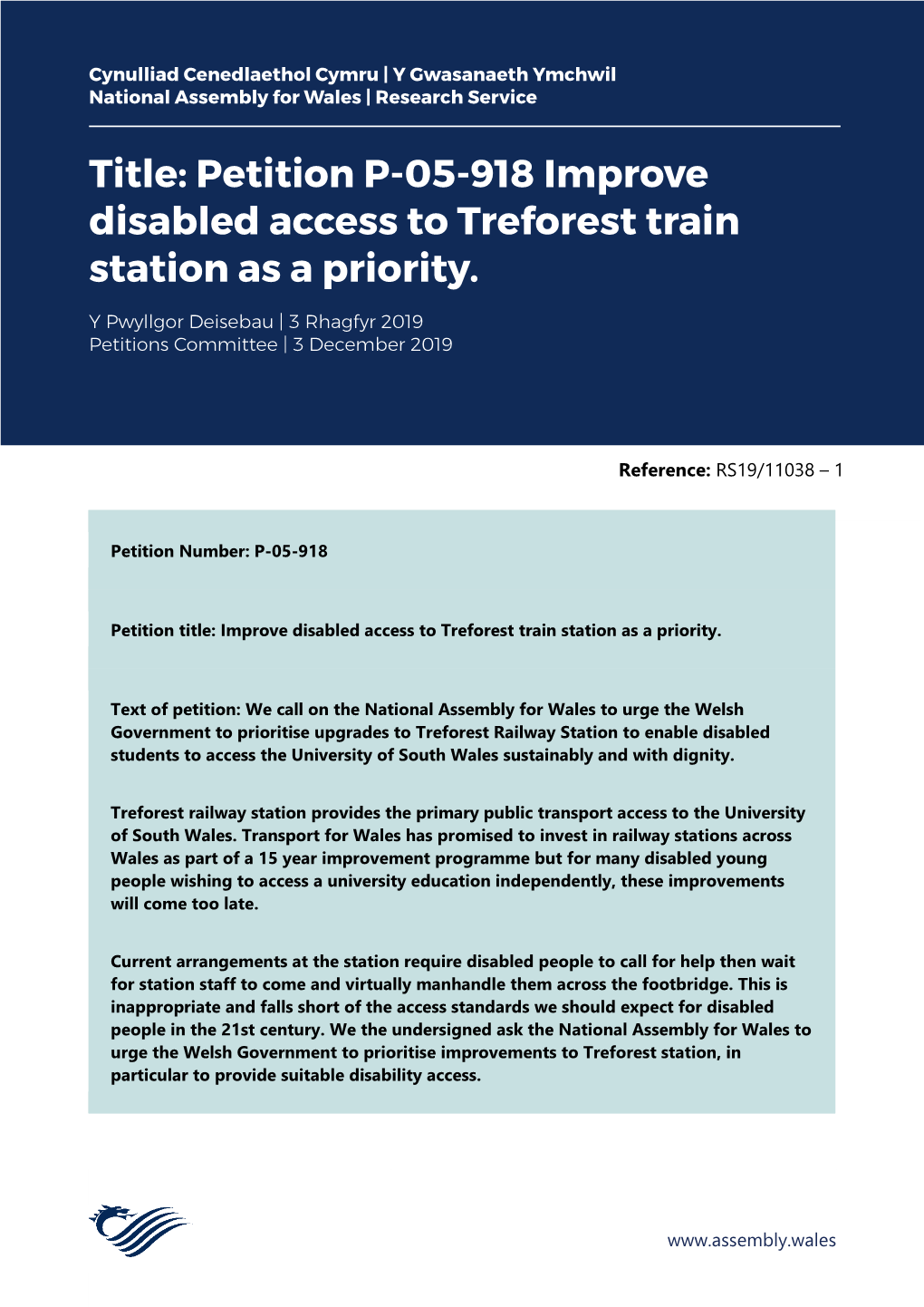 Petition P-05-918 Improve Disabled Access to Treforest Train Station As a Priority