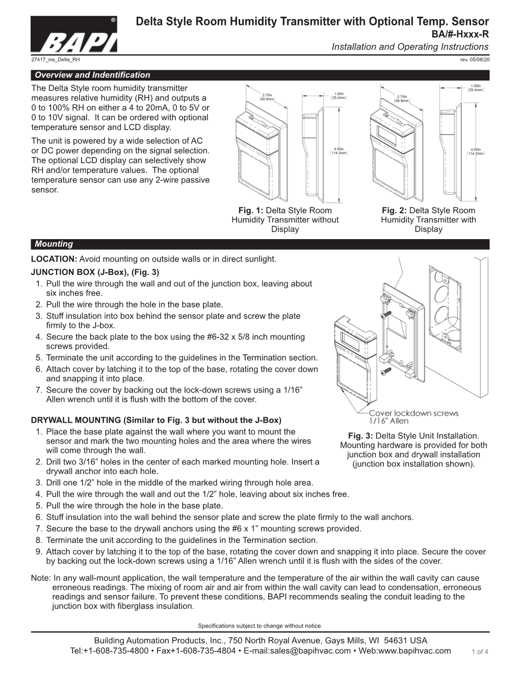 Delta Style Room Humidity Transmitter with Optional Temp