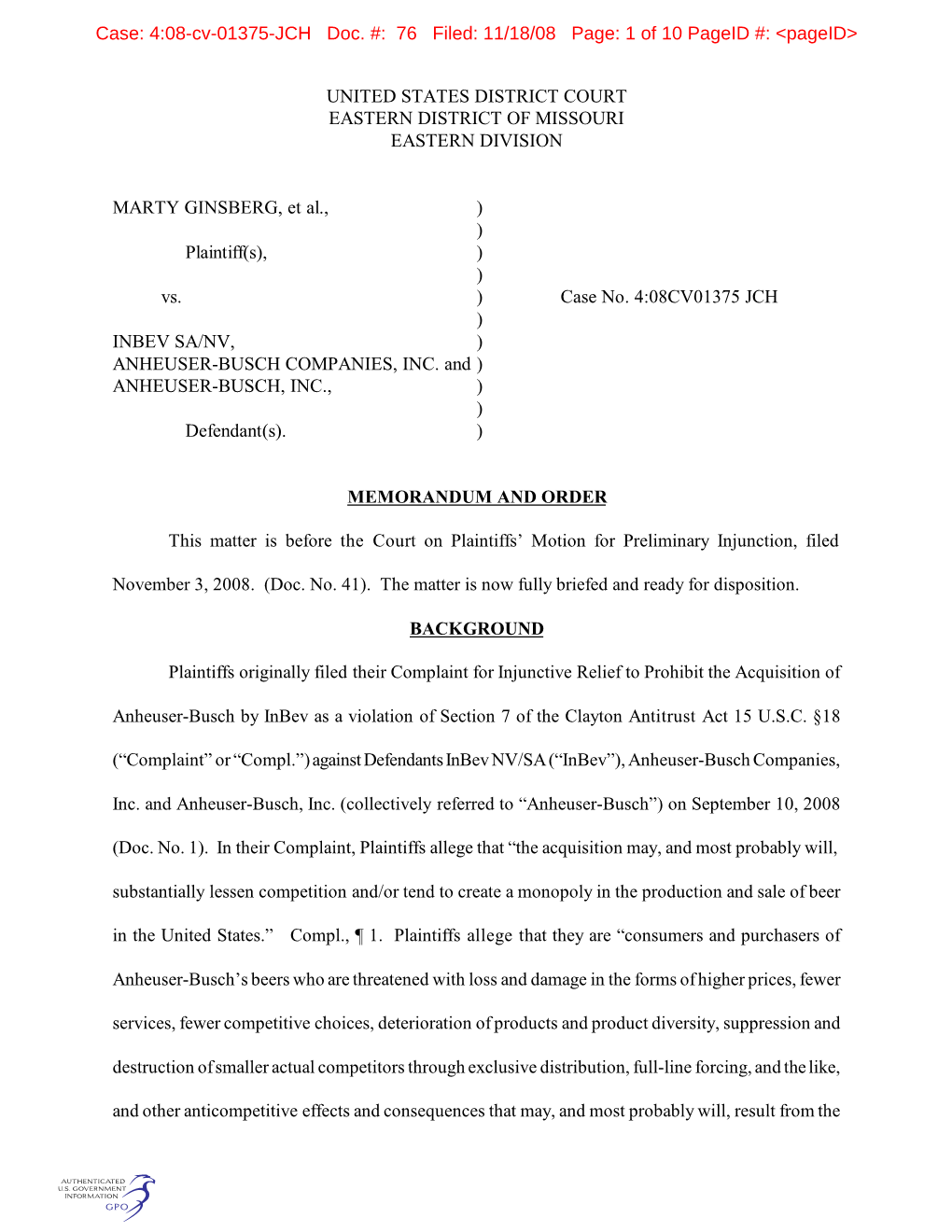 4:08-Cv-01375-JCH Doc. #: 76 Filed: 11/18/08 Page: 1 of 10 Pageid