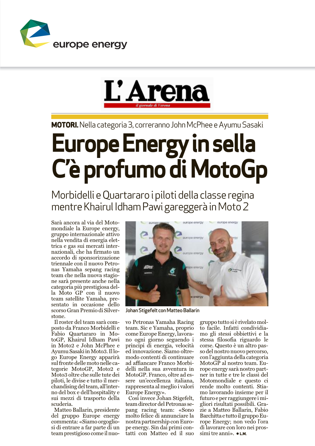 17 Dicembre 2018 Europe Energy in Sella, C'è Profumo Di Motogp