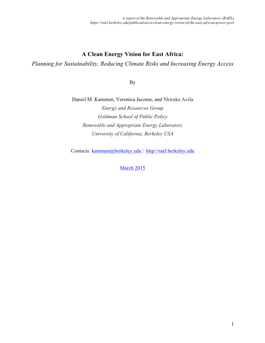 A Clean Energy Vision for East Africa: Planning for Sustainability, Reducing Climate Risks and Increasing Energy Access