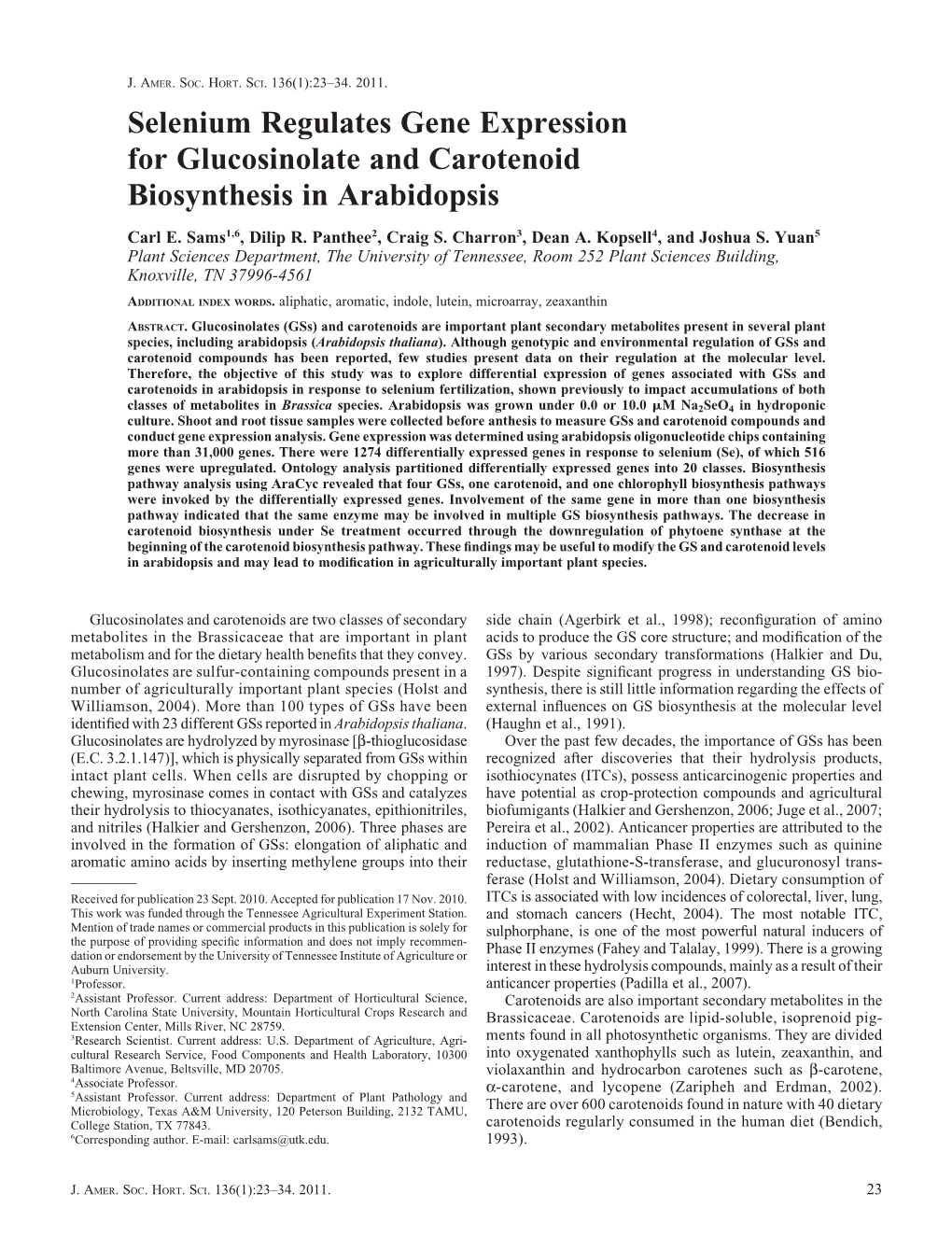 Selenium Regulates Gene Expression for Glucosinolate and Carotenoid Biosynthesis in Arabidopsis