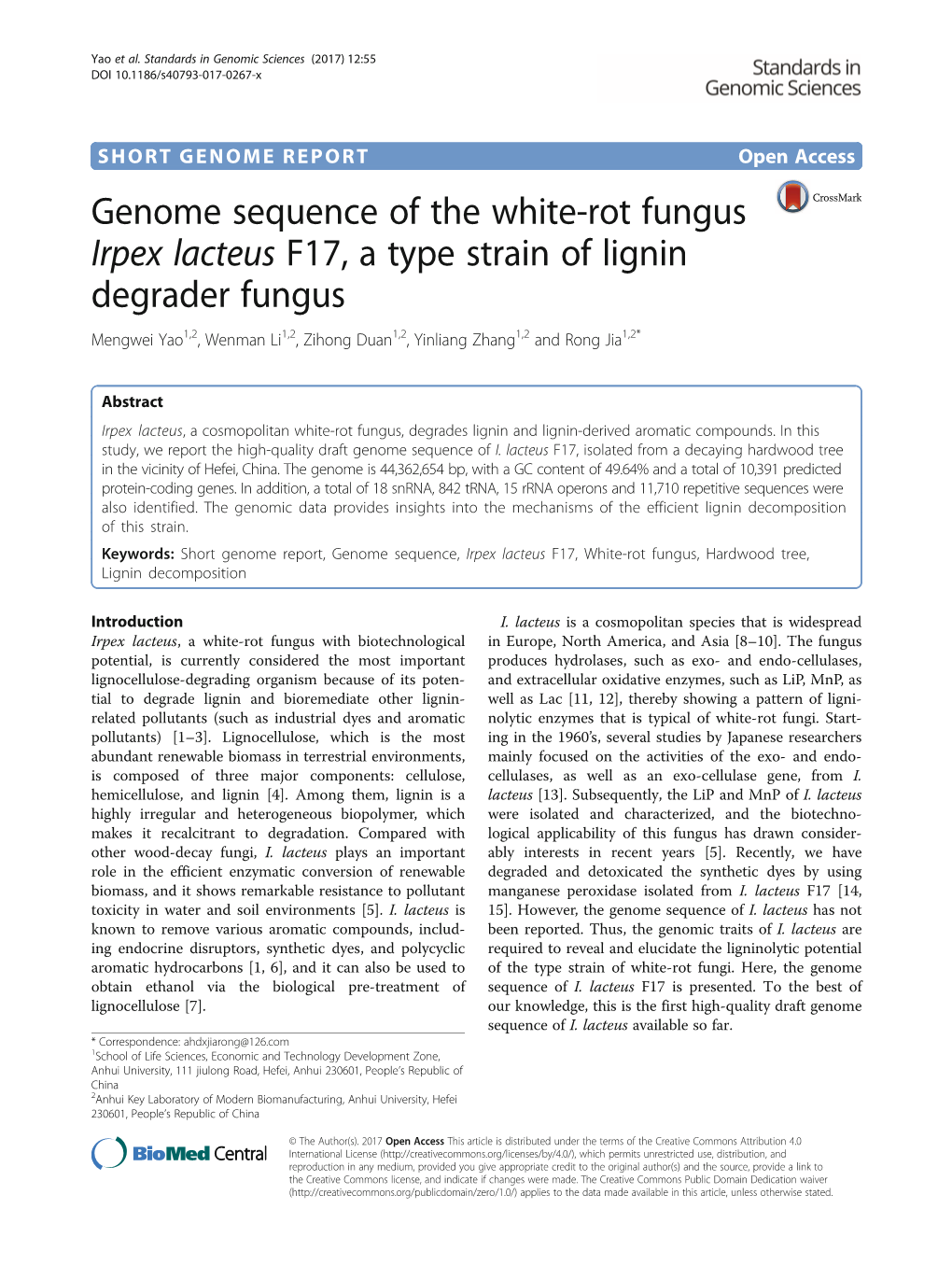 Genome Sequence of the White-Rot Fungus Irpex Lacteus F17, a Type