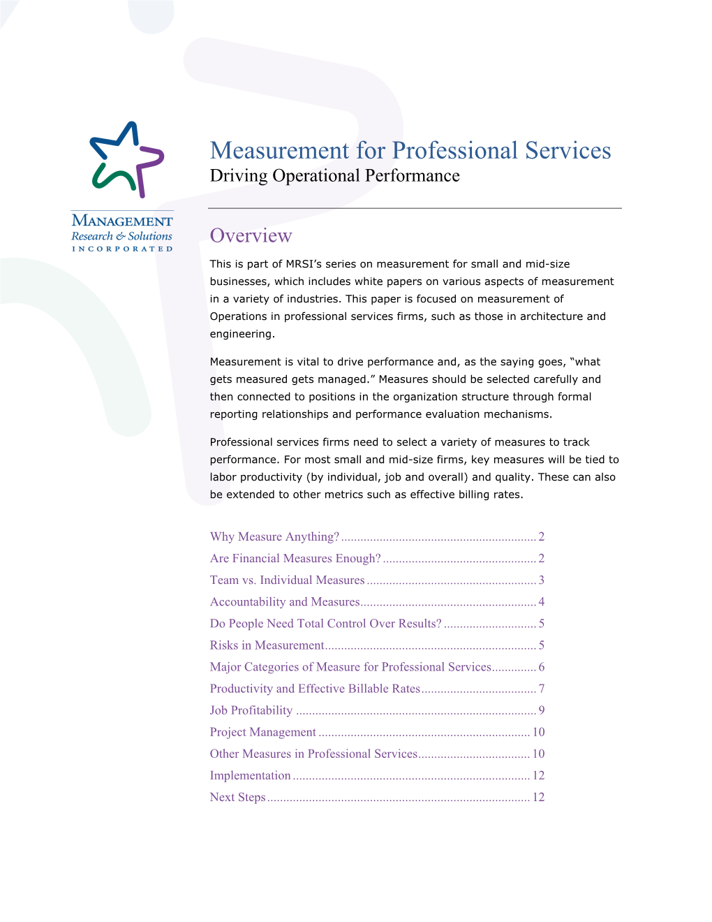 Measurement for Professional Services Driving Operational Performance