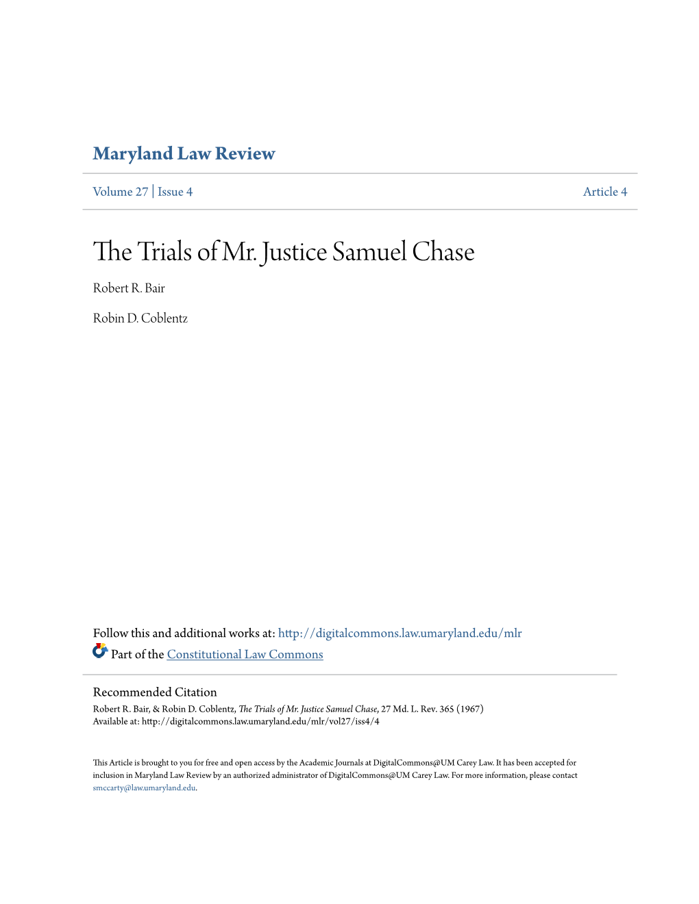 The Trials of Mr. Justice Samuel Chase, 27 Md