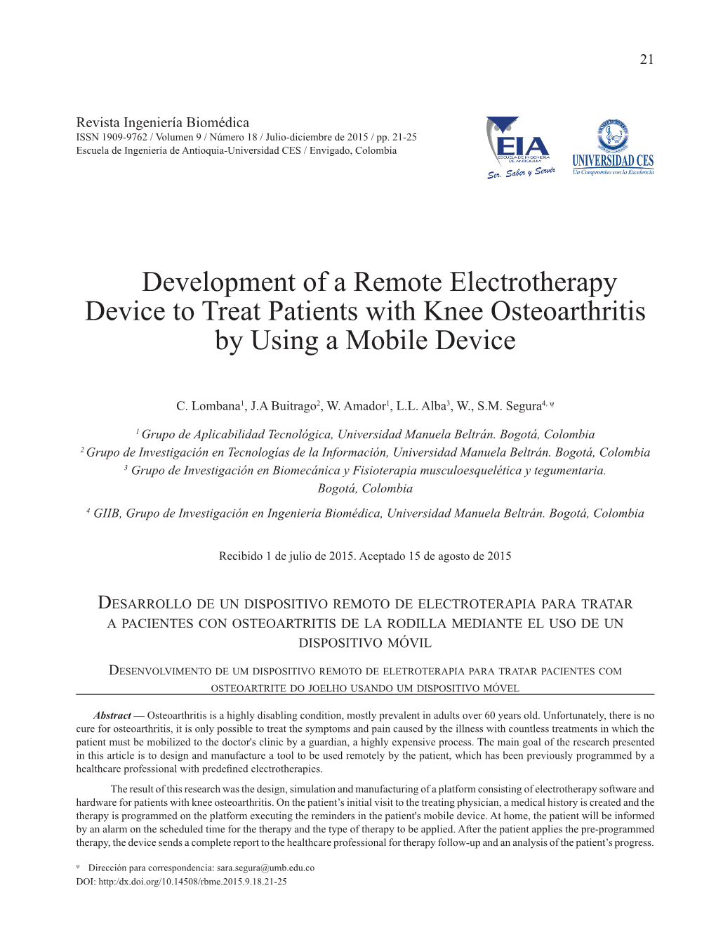 Development of a Remote Electrotherapy Device to Treat Patients with Knee Osteoarthritis by Using a Mobile Device