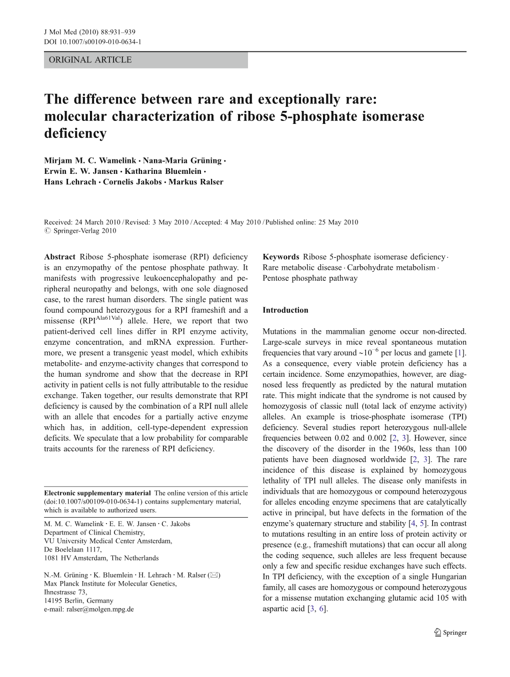 Molecular Characterization of Ribose 5-Phosphate Isomerase Deficiency