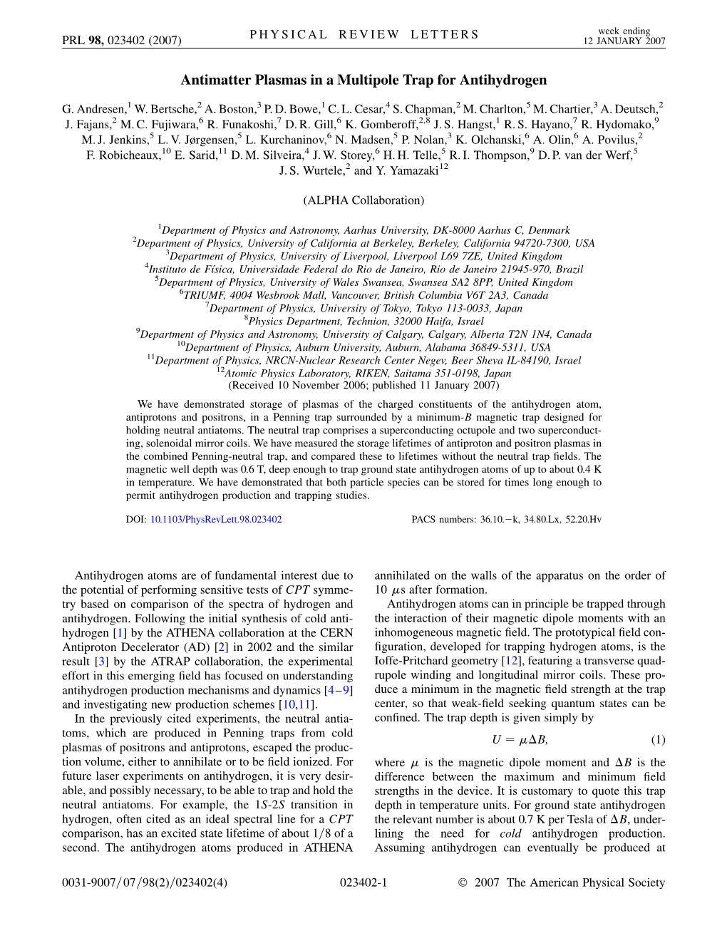 Antimatter Plasmas in a Multipole Trap for Antihydrogen