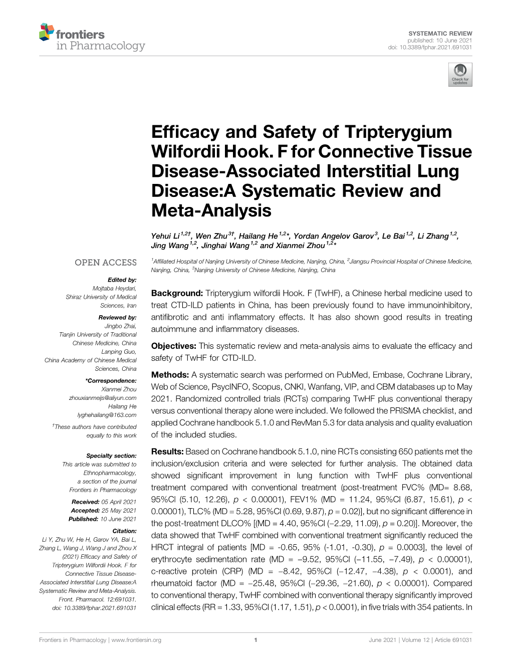 Efficacy and Safety of Tripterygium Wilfordii Hook. F for Connective