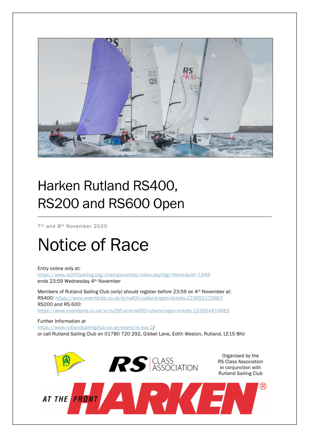 Harken Rutland RS400 RS200 and RS600 Open Notice of Race