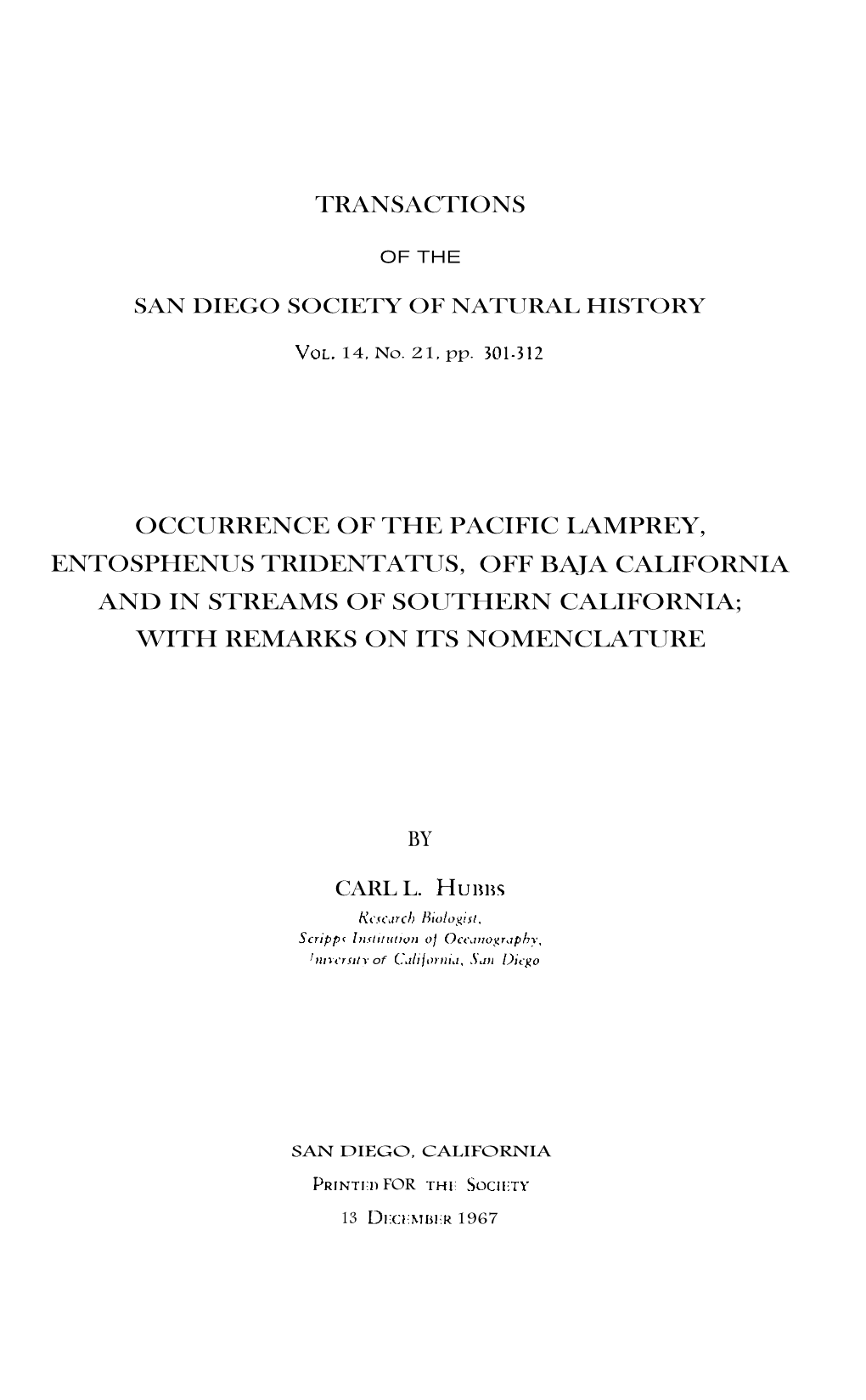 Transactions Occurrence of the Pacific Lamprey