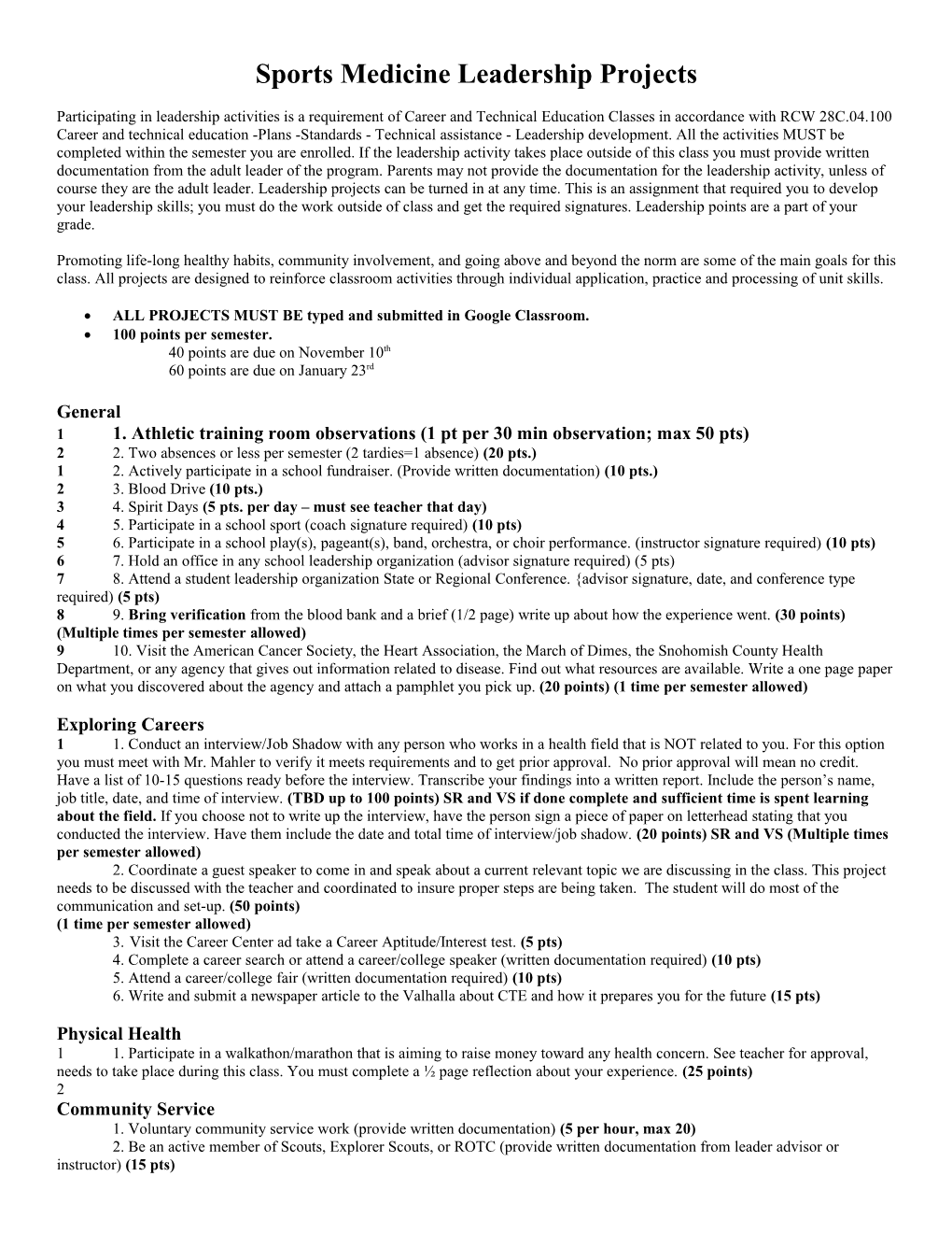 Health Online Leadership Projects 50 Points Possible Issaquah School District 9/09 1 Promoting Life-Long Healthy Habits Is One Of The Main Goals For This Class