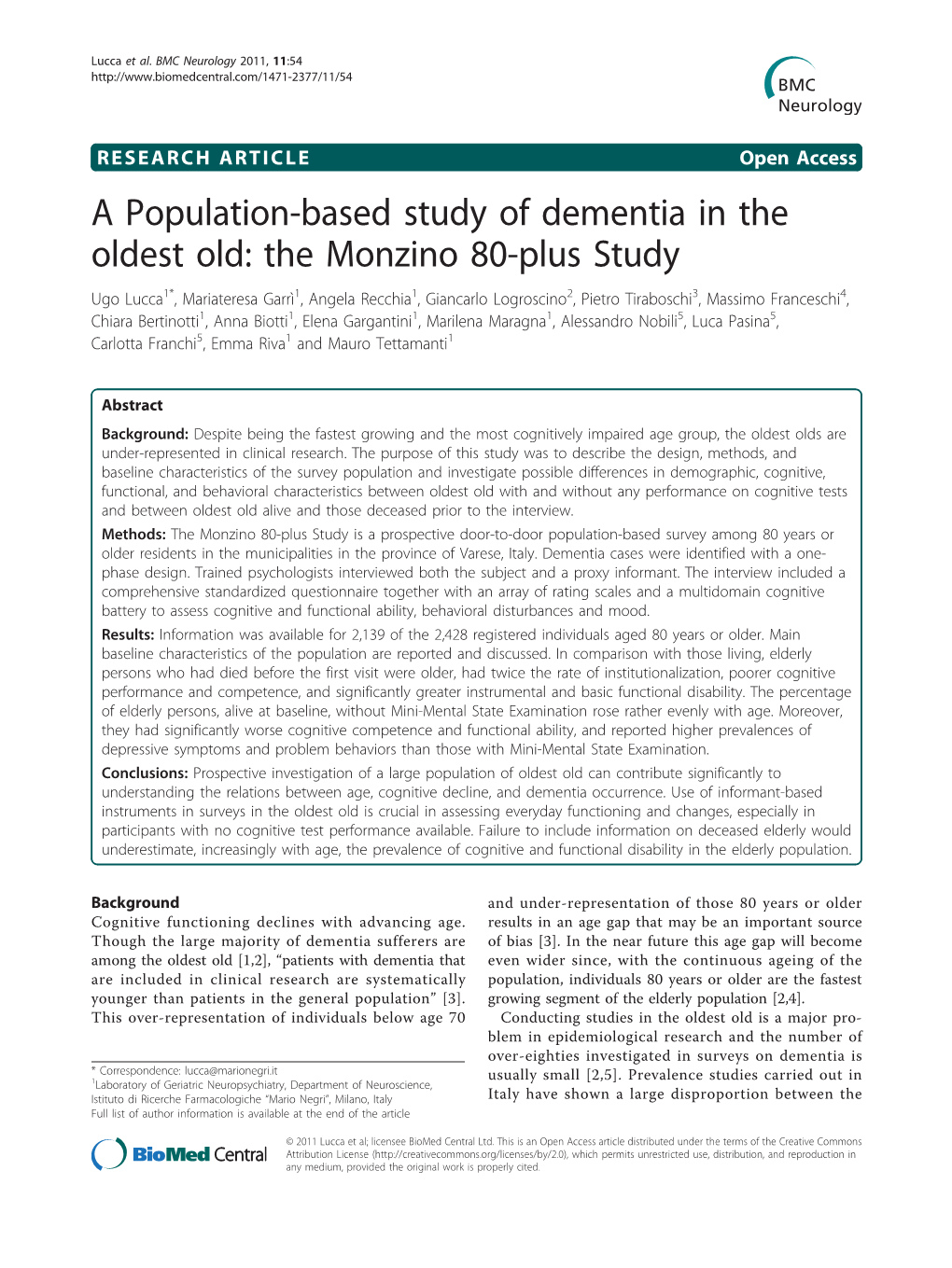 A Population-Based Study of Dementia in the Oldest Old: the Monzino 80