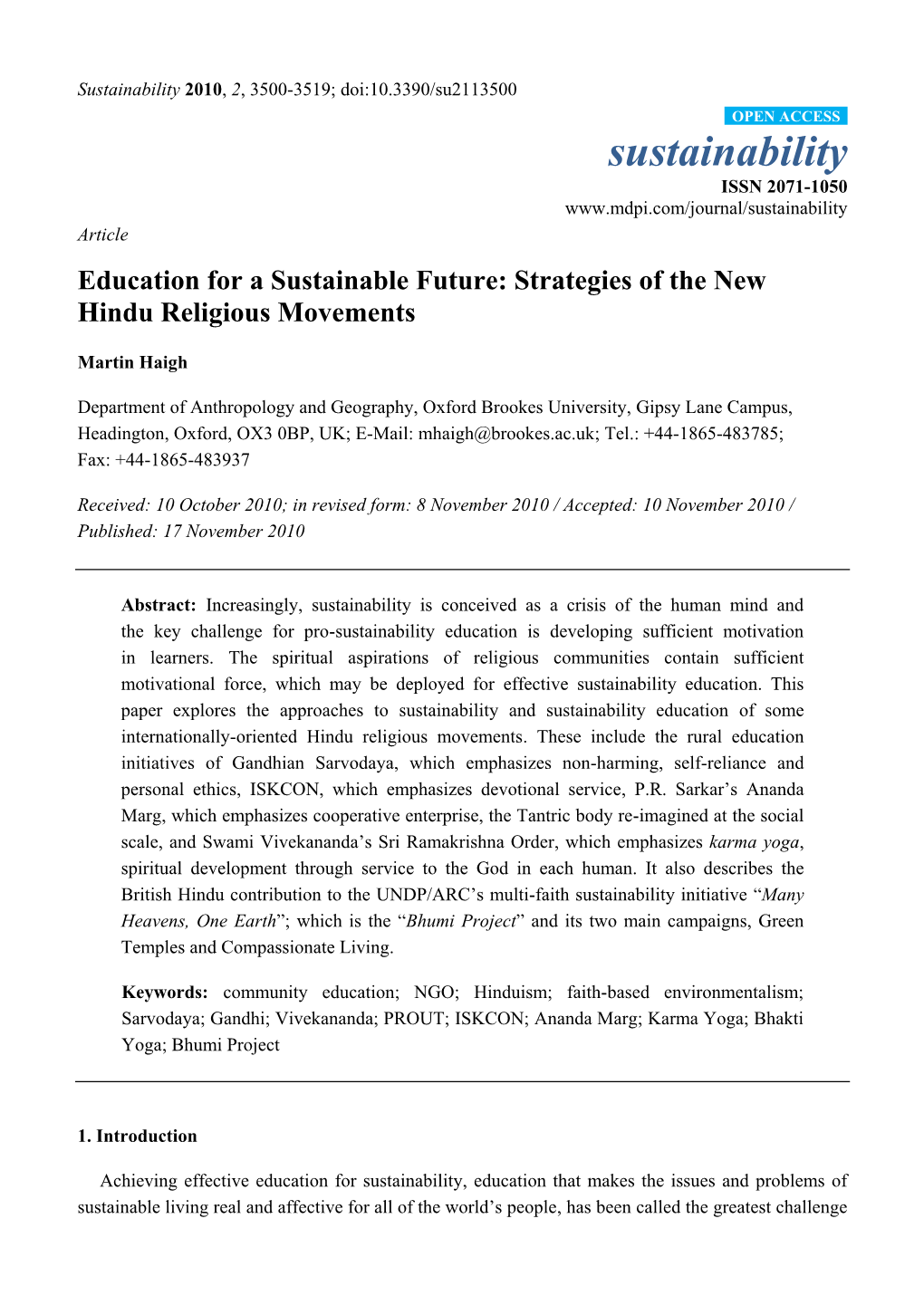 Education for a Sustainable Future: Strategies of the New Hindu Religious Movements