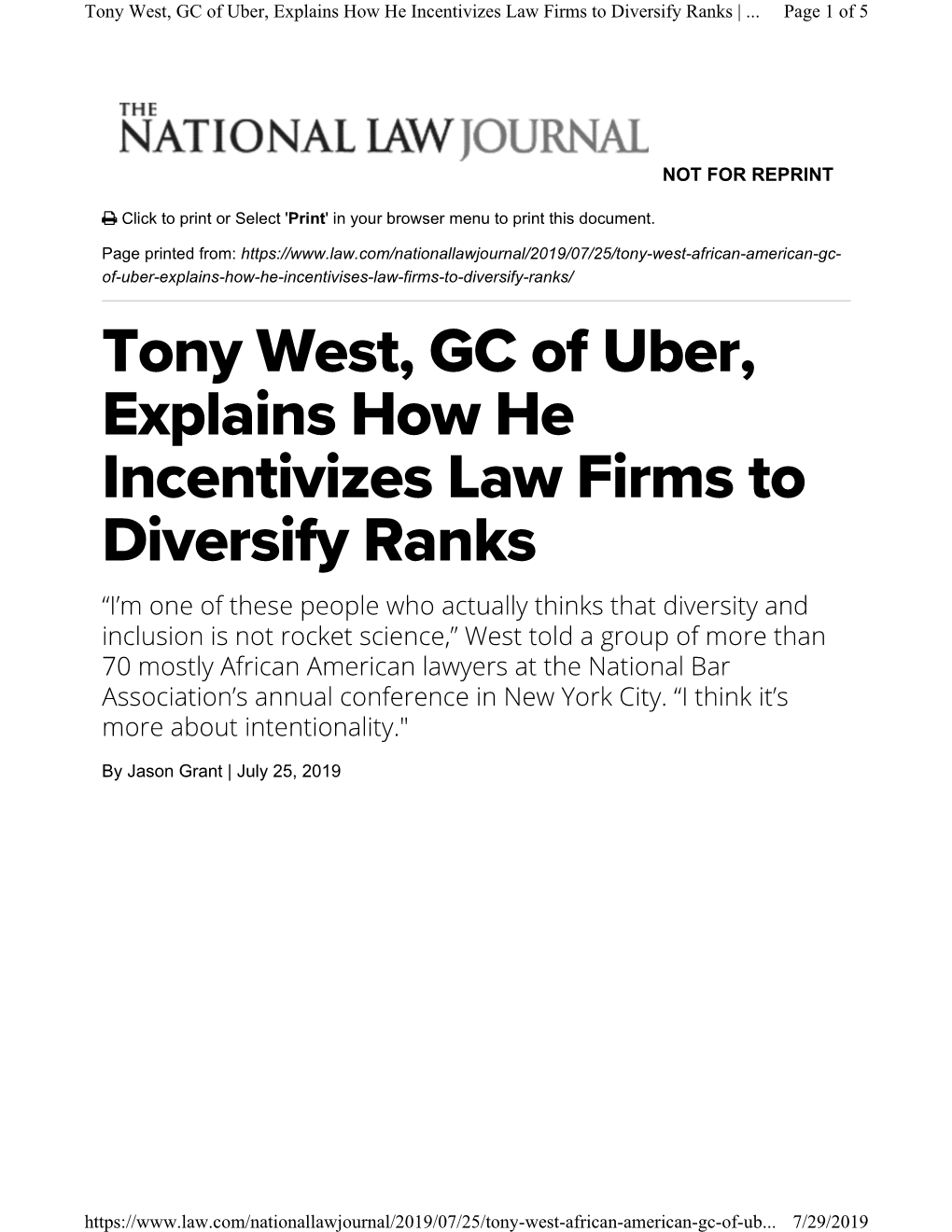 Tony West, GC of Uber, Explains How He Incentivizes Law Firms to Diversify Ranks |