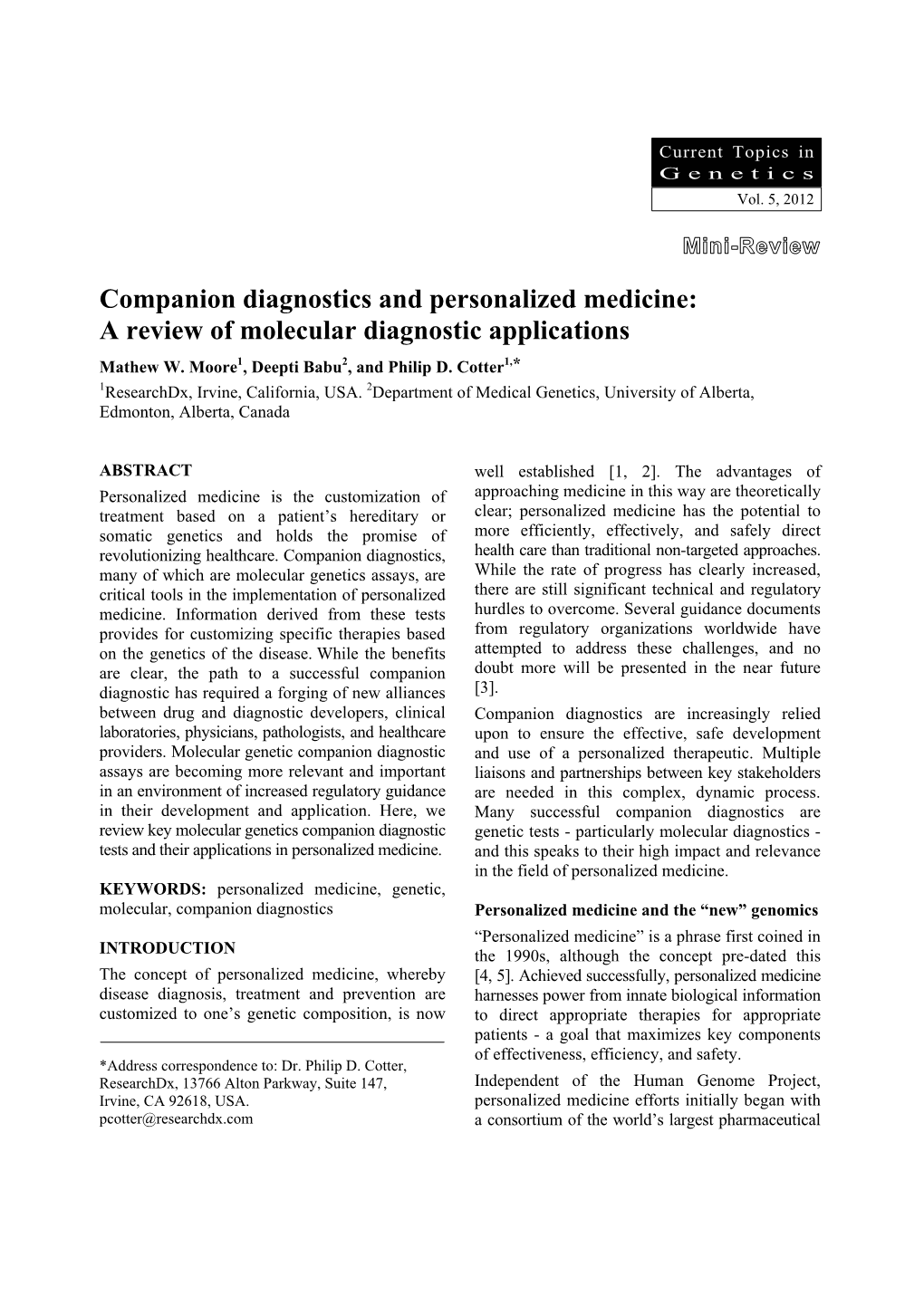 Companion Diagnostics and Personalized Medicine: a Review of Molecular Diagnostic Applications