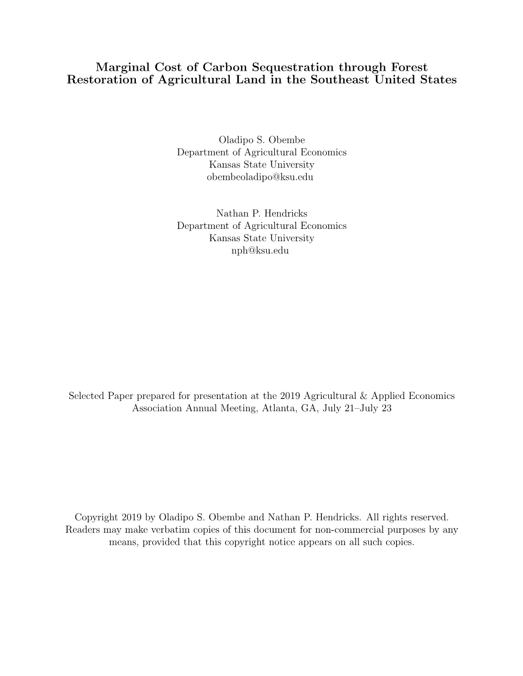 Marginal Cost of Carbon Sequestration Through Forest Restoration of Agricultural Land in the Southeast United States