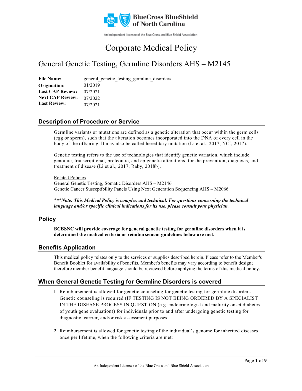General Genetic Testing, Germline Disorders AHS – M2145