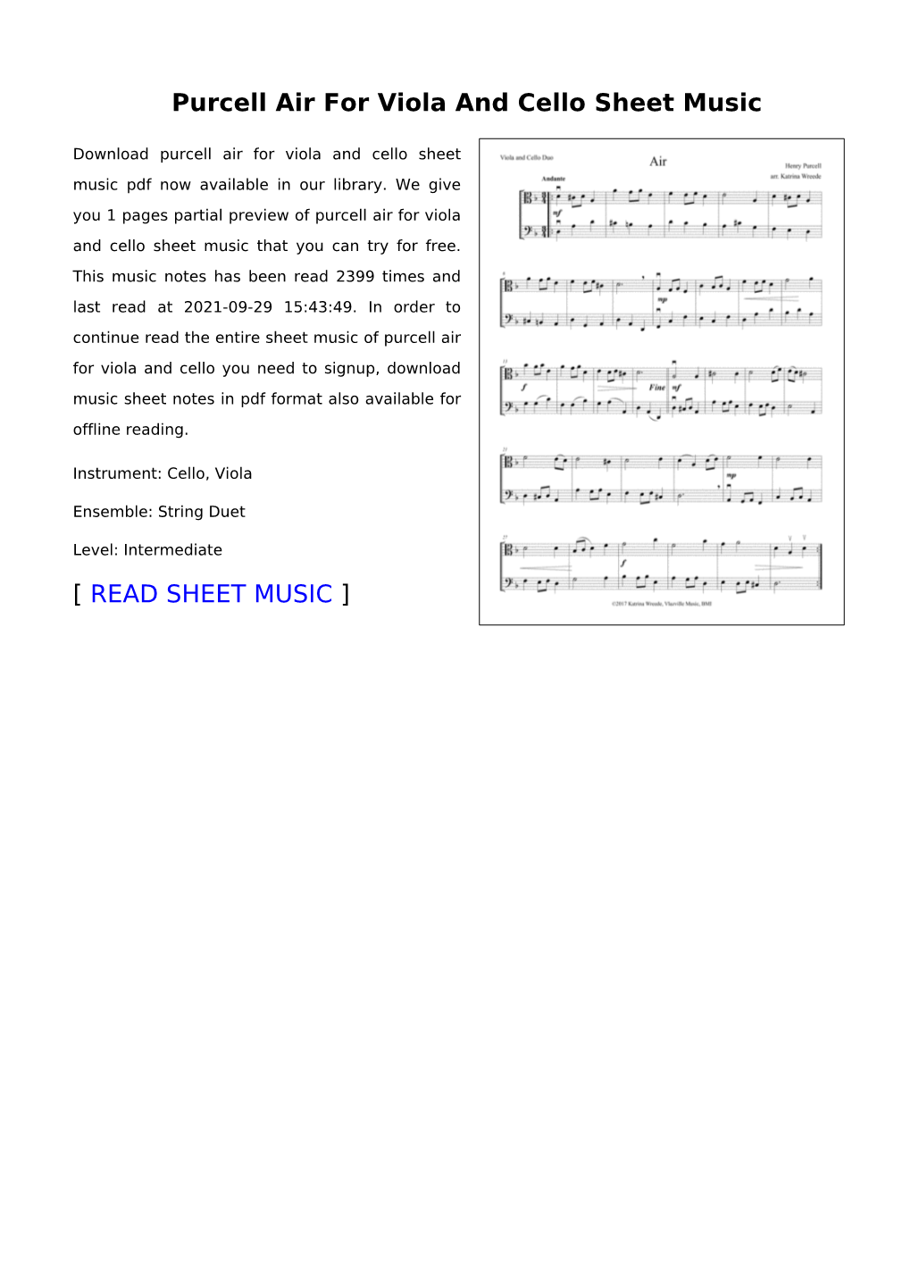 Purcell Air for Viola and Cello Sheet Music