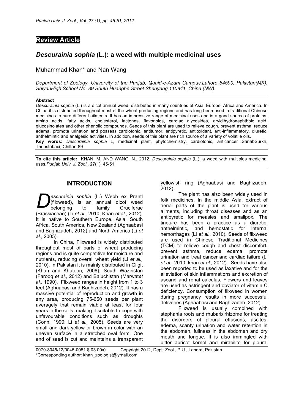 Epidemiology of Human Fasciolosis in Rural Areas of Lahore, Pakistan