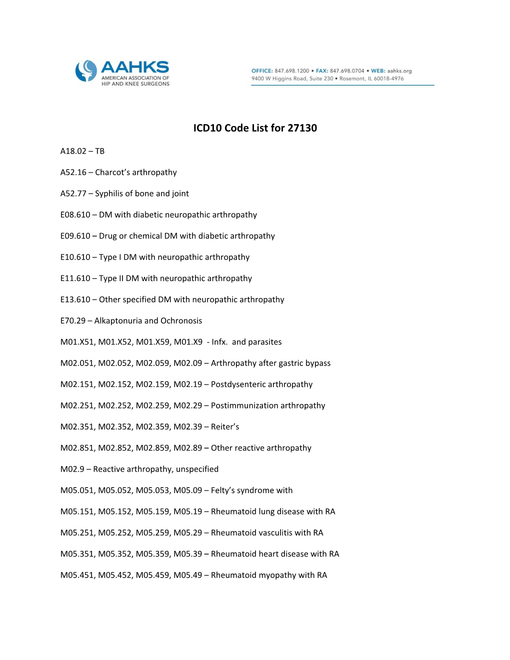 ICD10 Code List for 27130