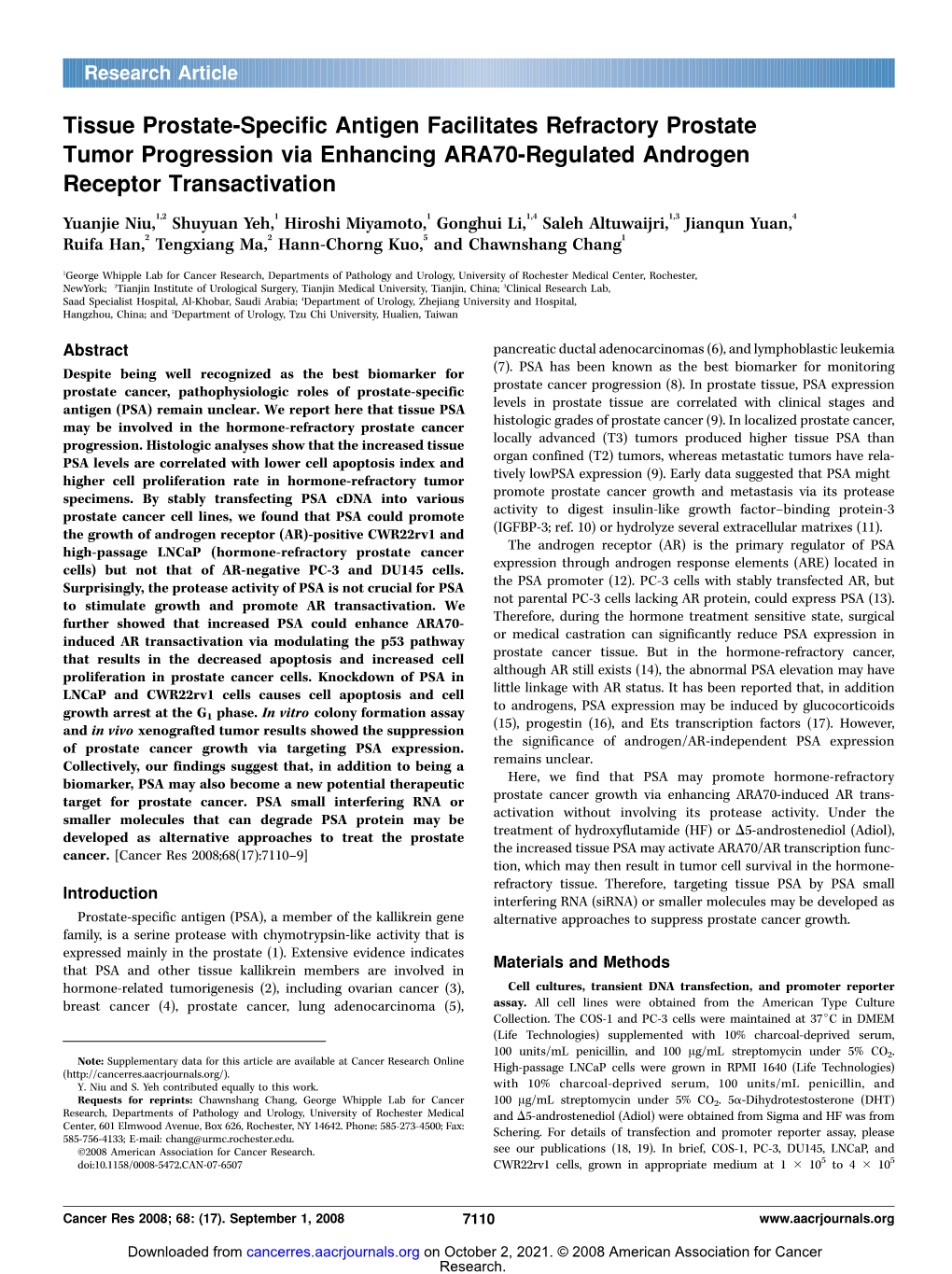 Tissue Prostate-Specific Antigen Facilitates Refractory Prostate Tumor Progression Via Enhancing ARA70-Regulated Androgen Receptor Transactivation