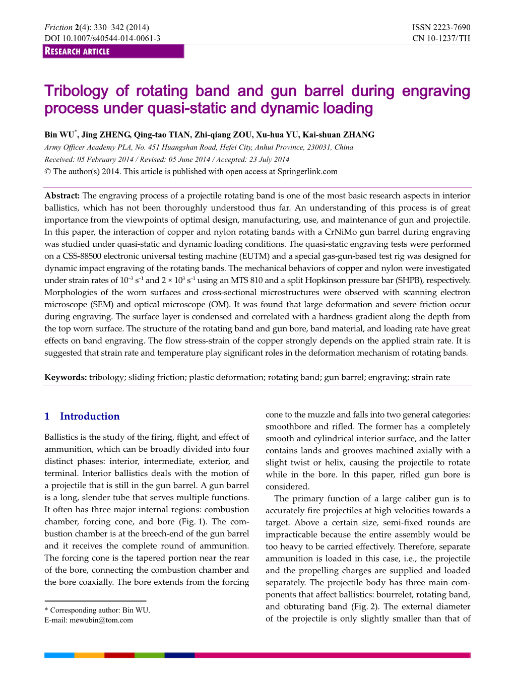 Tribology of Rotating Band and Gun Barrel During Engraving Process Under Quasi-Static and Dynamic Loading