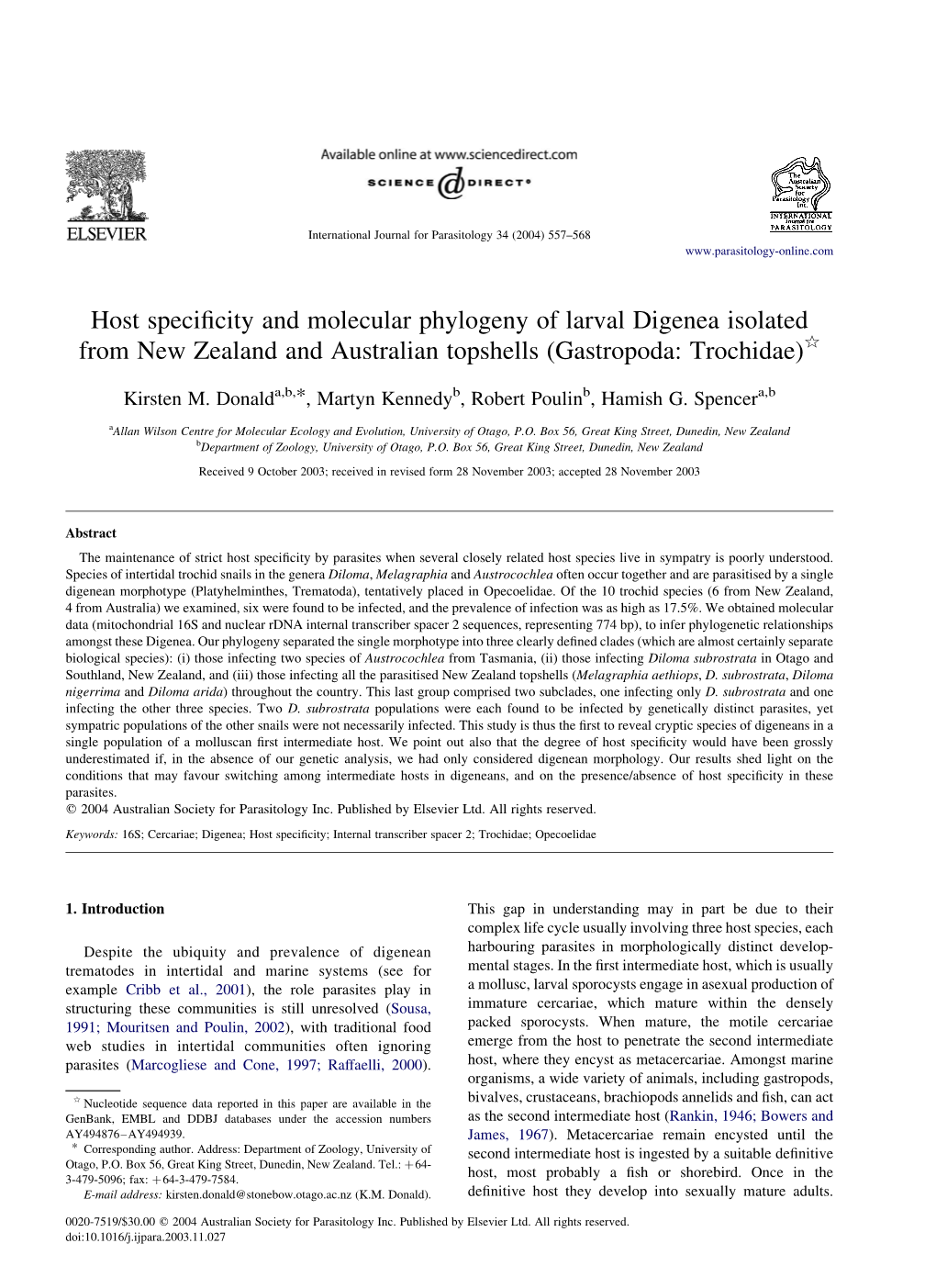 Host Specificity and Molecular Phylogeny of Larval Digenea Isolated from New Zealand and Australian Topshells